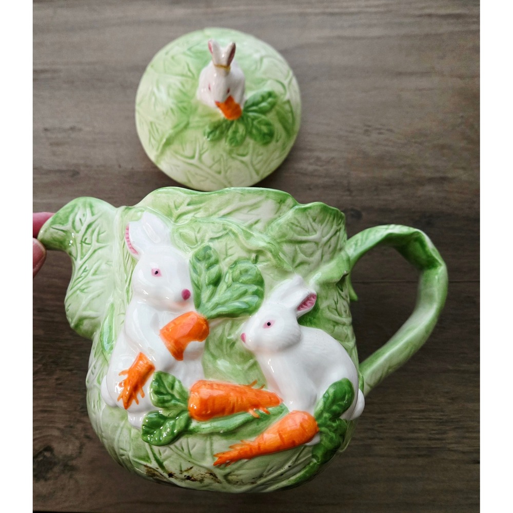 Asia Master Group Ceramic Bunny Rabbit Cabbage Teapot wi/Lid Spring Easter Decor